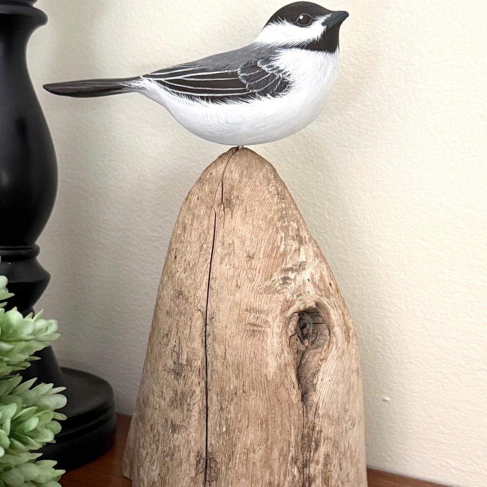 Hand Carved & Painted Black-Capped Chickadee Perched on a Piece of Wood Signed